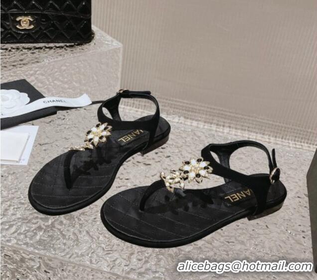 Top Grade Chanel Suede Flat Thong Sandals with Bloom Charm G45025 Black