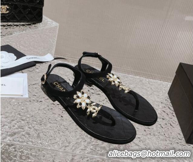 Top Grade Chanel Suede Flat Thong Sandals with Bloom Charm G45025 Black