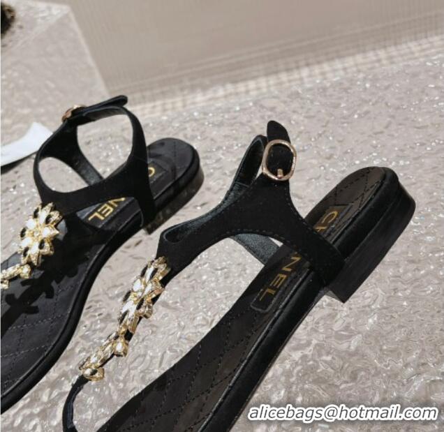 Top Grade Chanel Suede Flat Thong Sandals with Bloom Charm G45025 Black