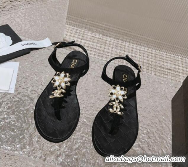 Top Grade Chanel Suede Flat Thong Sandals with Bloom Charm G45025 Black