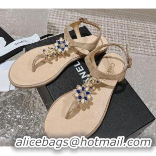 Luxury Chanel Suede Flat Thong Sandals with Bloom Charm G45025 Nude