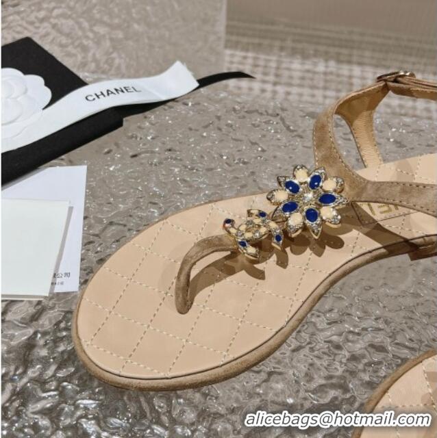 Luxury Chanel Suede Flat Thong Sandals with Bloom Charm G45025 Nude