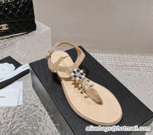 Luxury Chanel Suede Flat Thong Sandals with Bloom Charm G45025 Nude