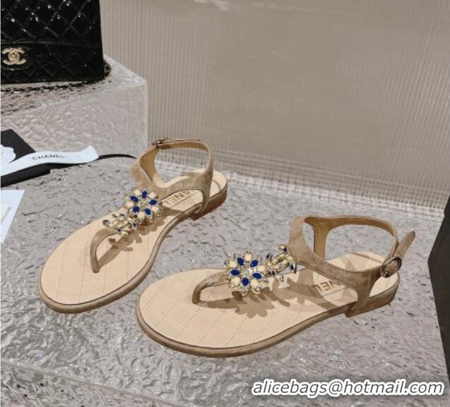 Luxury Chanel Suede Flat Thong Sandals with Bloom Charm G45025 Nude