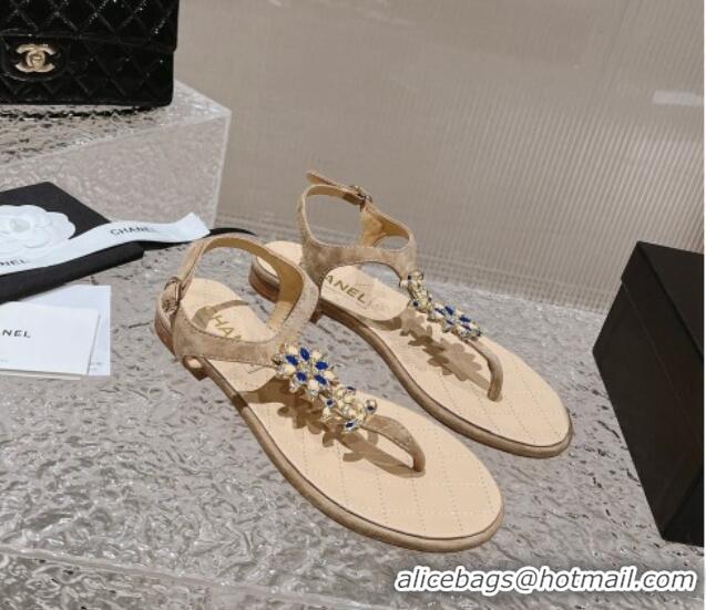 Luxury Chanel Suede Flat Thong Sandals with Bloom Charm G45025 Nude