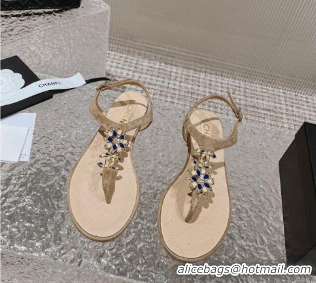 Luxury Chanel Suede Flat Thong Sandals with Bloom Charm G45025 Nude