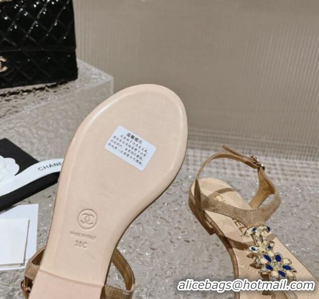 Luxury Chanel Suede Flat Thong Sandals with Bloom Charm G45025 Nude