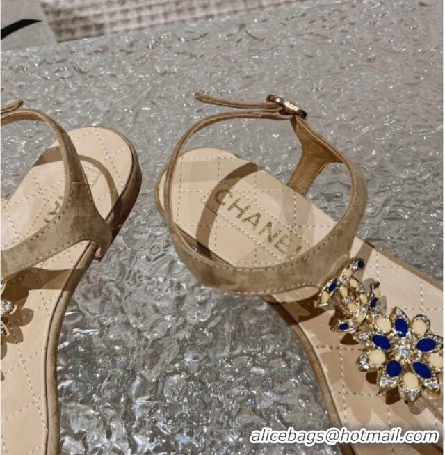 Luxury Chanel Suede Flat Thong Sandals with Bloom Charm G45025 Nude