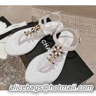 Hot Style Chanel Suede Flat Thong Sandals with Bloom Charm G45025 White