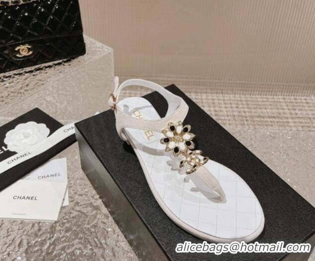 Hot Style Chanel Suede Flat Thong Sandals with Bloom Charm G45025 White