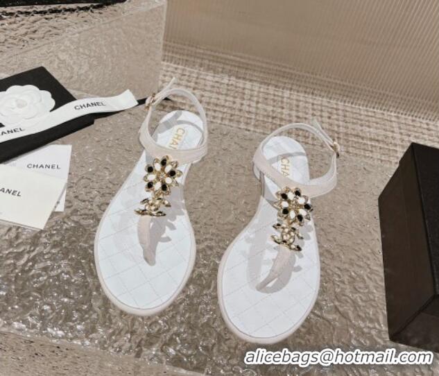 Hot Style Chanel Suede Flat Thong Sandals with Bloom Charm G45025 White