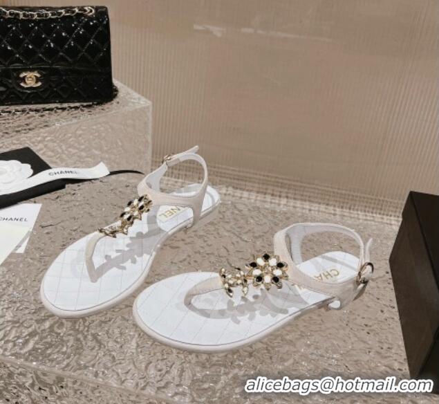 Hot Style Chanel Suede Flat Thong Sandals with Bloom Charm G45025 White