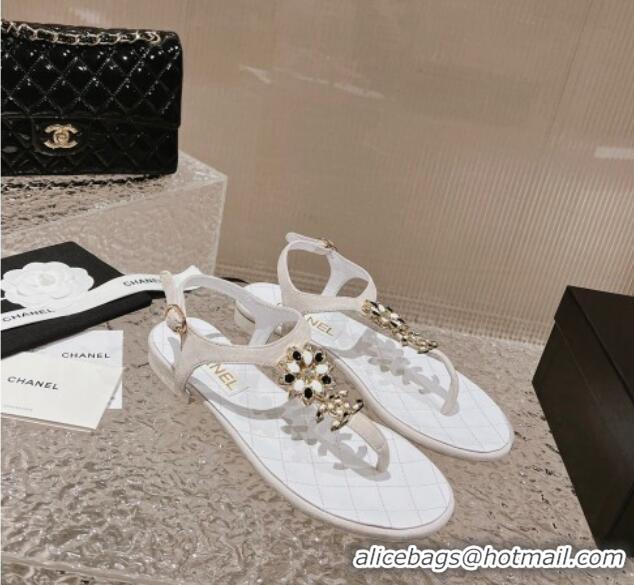 Hot Style Chanel Suede Flat Thong Sandals with Bloom Charm G45025 White