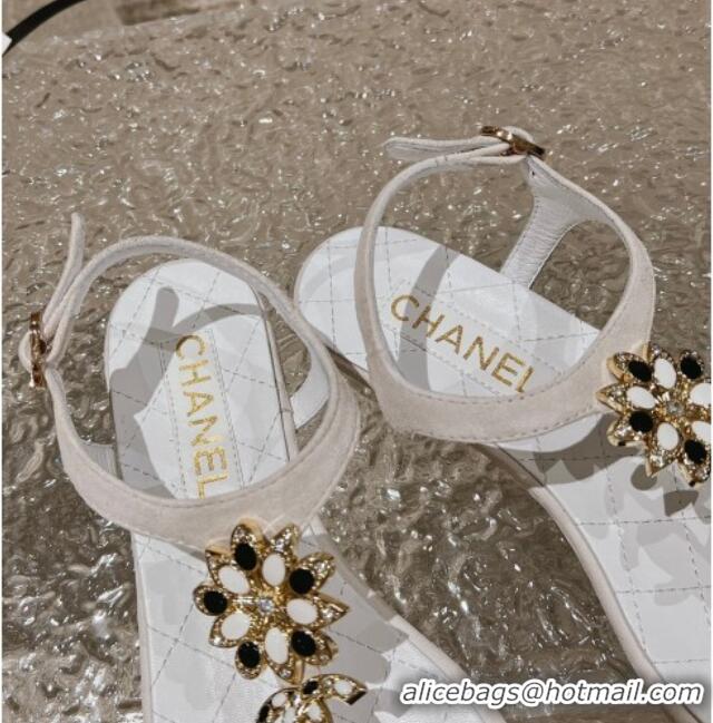 Hot Style Chanel Suede Flat Thong Sandals with Bloom Charm G45025 White