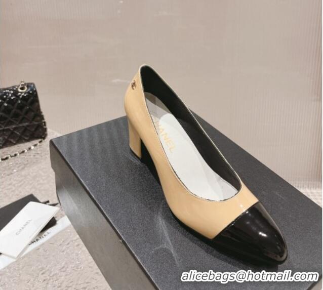 Luxury Cheap Chanel Patent Calfskin Pumps 6.5cm in Patent Leather G45053 Beige