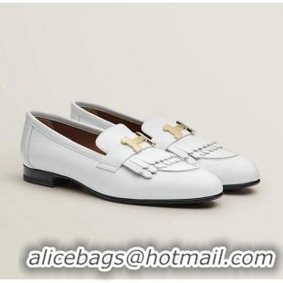 ​Top Grade Hermes Royal Fringe Lambskin Flat Loafers H30715 White Gold