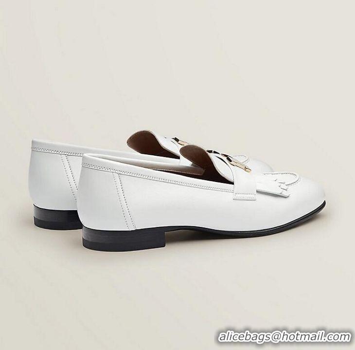 ​Top Grade Hermes Royal Fringe Lambskin Flat Loafers H30715 White Gold