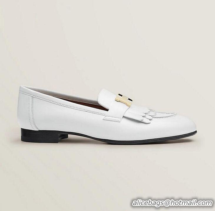 ​Top Grade Hermes Royal Fringe Lambskin Flat Loafers H30715 White Gold