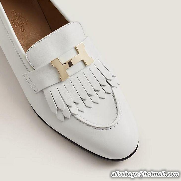 ​Top Grade Hermes Royal Fringe Lambskin Flat Loafers H30715 White Gold