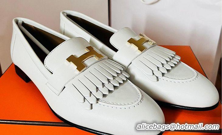 ​Top Grade Hermes Royal Fringe Lambskin Flat Loafers H30715 White Gold