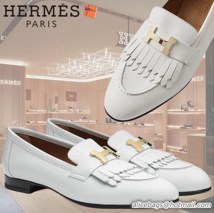 ​Top Grade Hermes Royal Fringe Lambskin Flat Loafers H30715 White Gold