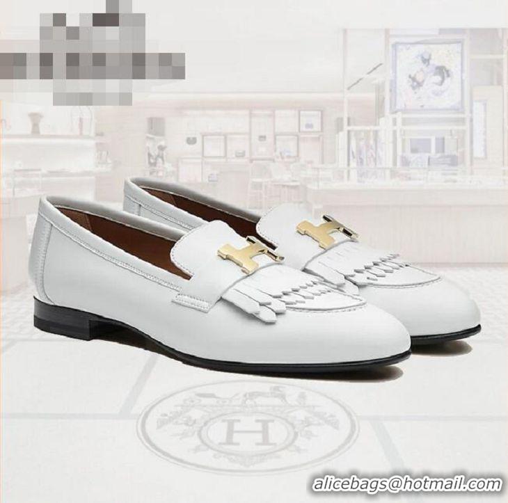 ​Top Grade Hermes Royal Fringe Lambskin Flat Loafers H30715 White Gold