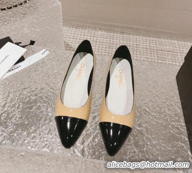 Stylish Chanel Patent Calfskin Ballet Flat in Patent Leather G45054 Beige