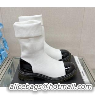 Classic Hot Chanel Knit and Patent Leather Ankle Boots White 719086