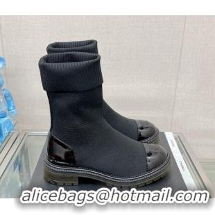 Sophisticated Chanel Knit and Patent Leather Ankle Boots Black 719087