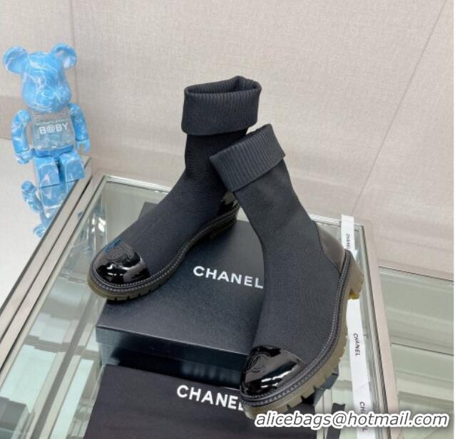 Sophisticated Chanel Knit and Patent Leather Ankle Boots Black 719087