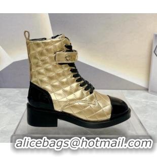 Good Looking Chanel Quilted Lambskin Combat Lace-up Ankle Boots 4cm Gold 719087