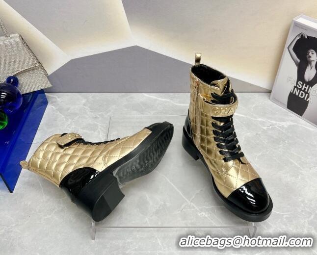 Good Looking Chanel Quilted Lambskin Combat Lace-up Ankle Boots 4cm Gold 719087