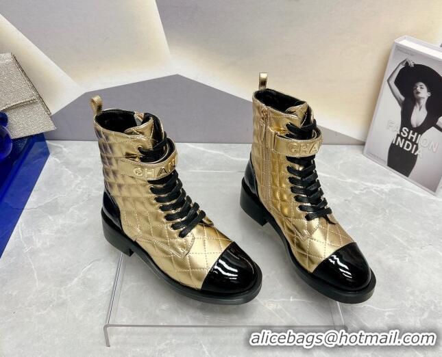 Good Looking Chanel Quilted Lambskin Combat Lace-up Ankle Boots 4cm Gold 719087