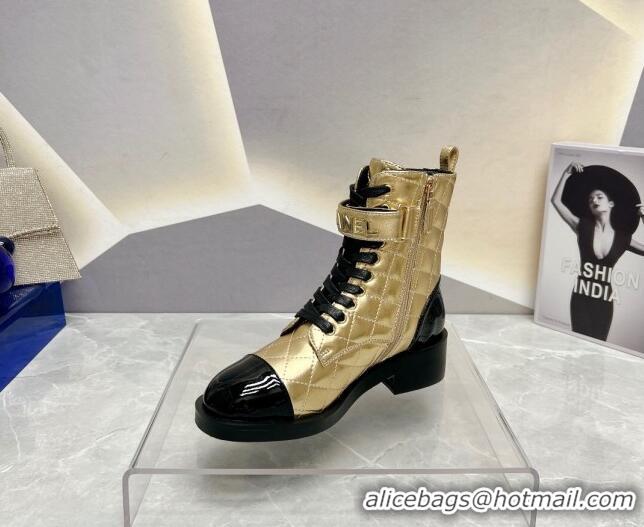 Good Looking Chanel Quilted Lambskin Combat Lace-up Ankle Boots 4cm Gold 719087