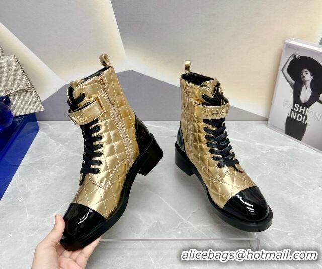 Good Looking Chanel Quilted Lambskin Combat Lace-up Ankle Boots 4cm Gold 719087