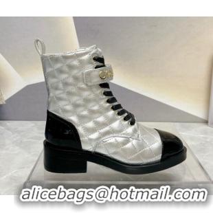 Good Quality Chanel Quilted Lambskin Combat Lace-up Ankle Boots 4cm Silver 719088