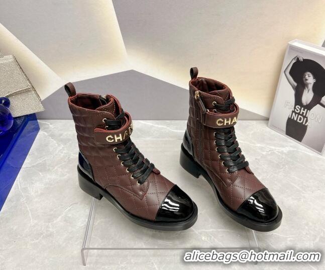 Most Popular Chanel Quilted Lambskin Combat Lace-up Ankle Boots 4cm Brown 719089