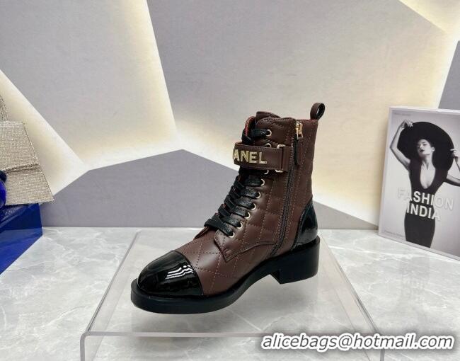 Most Popular Chanel Quilted Lambskin Combat Lace-up Ankle Boots 4cm Brown 719089