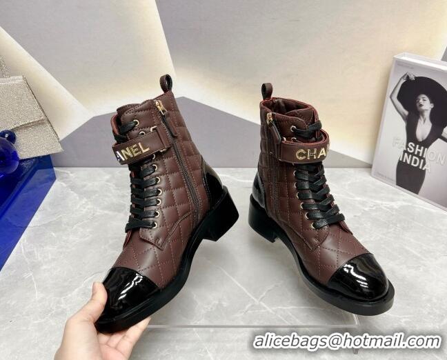 Most Popular Chanel Quilted Lambskin Combat Lace-up Ankle Boots 4cm Brown 719089