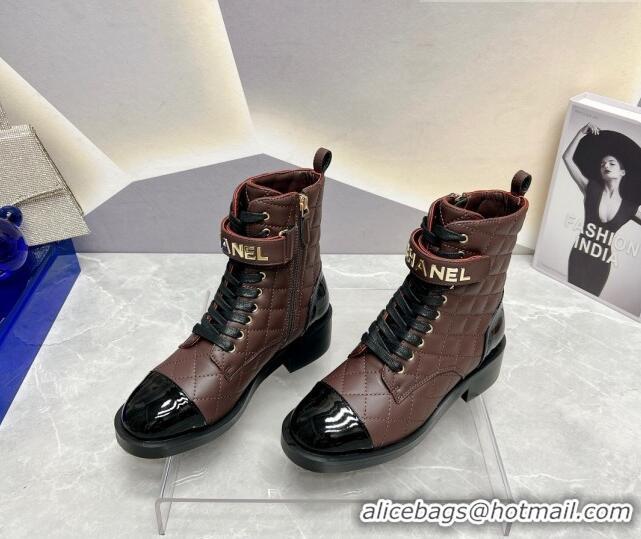 Most Popular Chanel Quilted Lambskin Combat Lace-up Ankle Boots 4cm Brown 719089