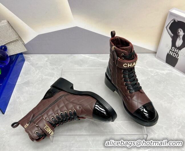 Most Popular Chanel Quilted Lambskin Combat Lace-up Ankle Boots 4cm Brown 719089