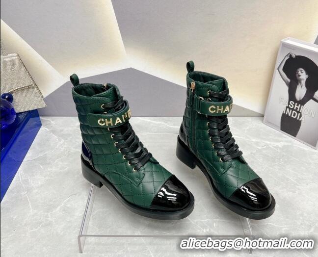 Best Price Chanel Quilted Lambskin Combat Lace-up Ankle Boots 4cm Green 719090