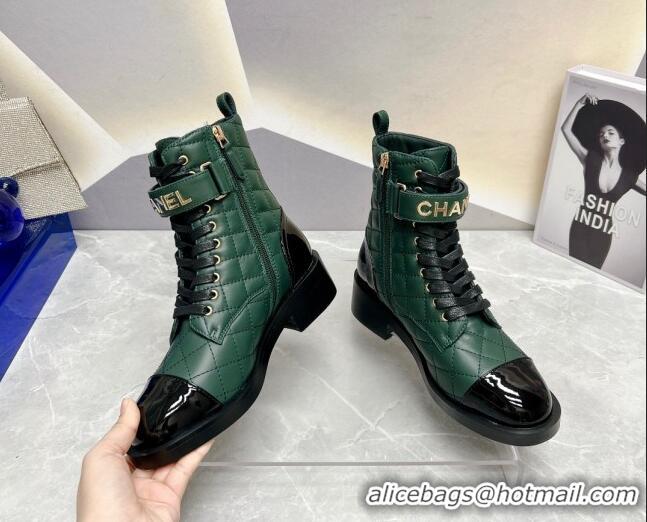 Best Price Chanel Quilted Lambskin Combat Lace-up Ankle Boots 4cm Green 719090