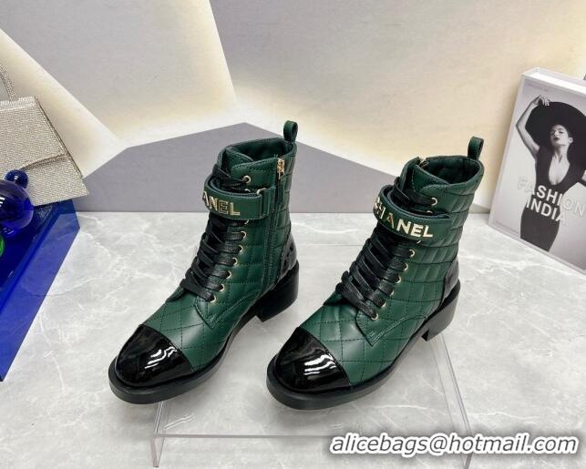 Best Price Chanel Quilted Lambskin Combat Lace-up Ankle Boots 4cm Green 719090