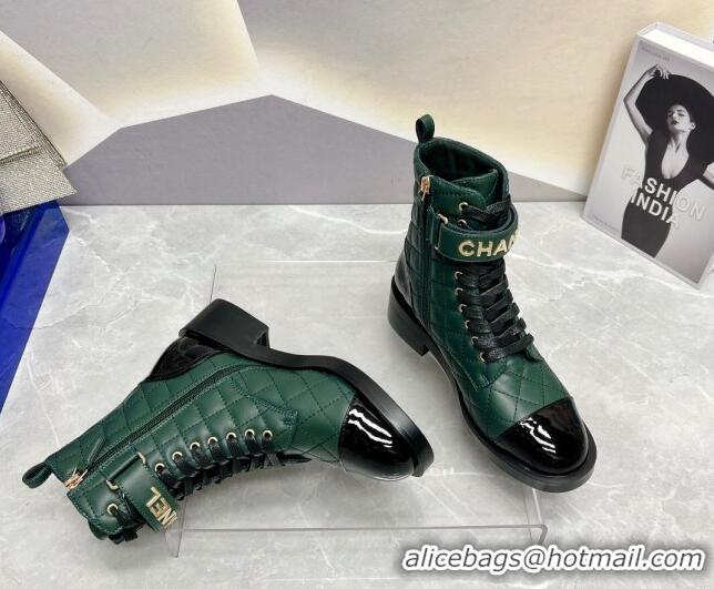 Best Price Chanel Quilted Lambskin Combat Lace-up Ankle Boots 4cm Green 719090