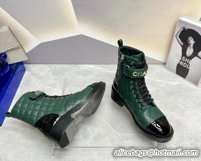 Best Price Chanel Quilted Lambskin Combat Lace-up Ankle Boots 4cm Green 719090