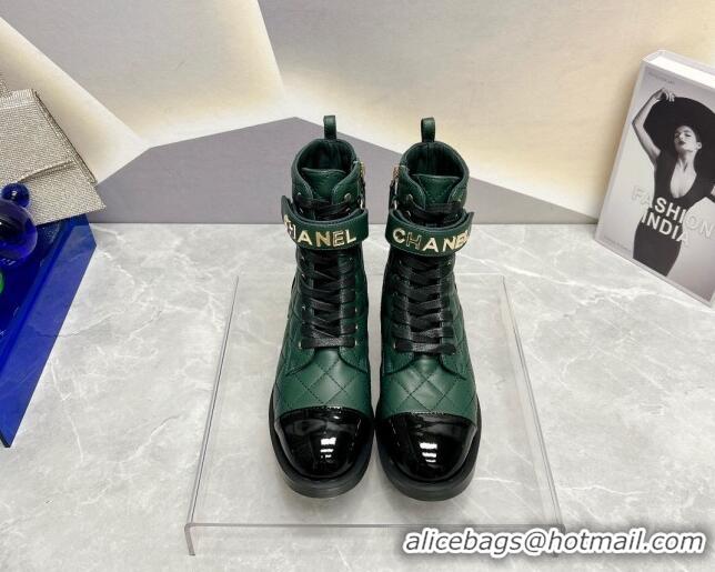 Best Price Chanel Quilted Lambskin Combat Lace-up Ankle Boots 4cm Green 719090