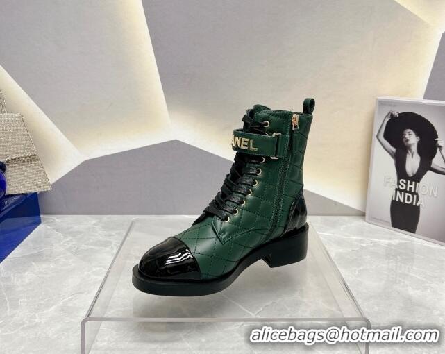 Best Price Chanel Quilted Lambskin Combat Lace-up Ankle Boots 4cm Green 719090