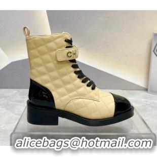 Classic Hot Chanel Quilted Lambskin Combat Lace-up Ankle Boots 4cm Beige 719091