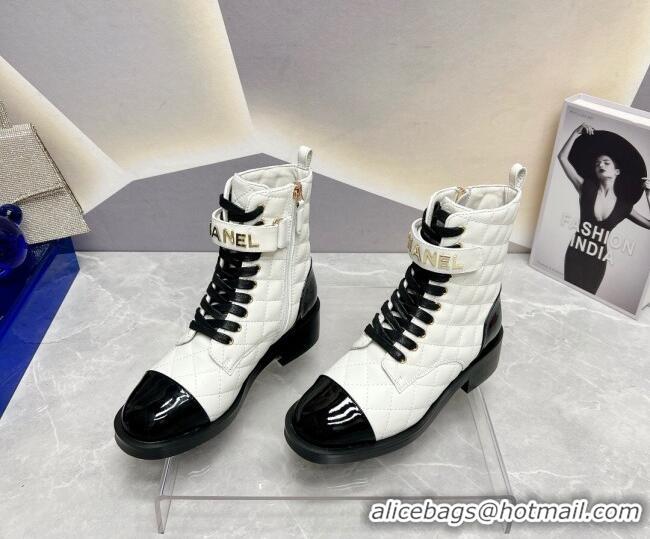 Best Product Chanel Quilted Lambskin Combat Lace-up Ankle Boots 4cm White 719092